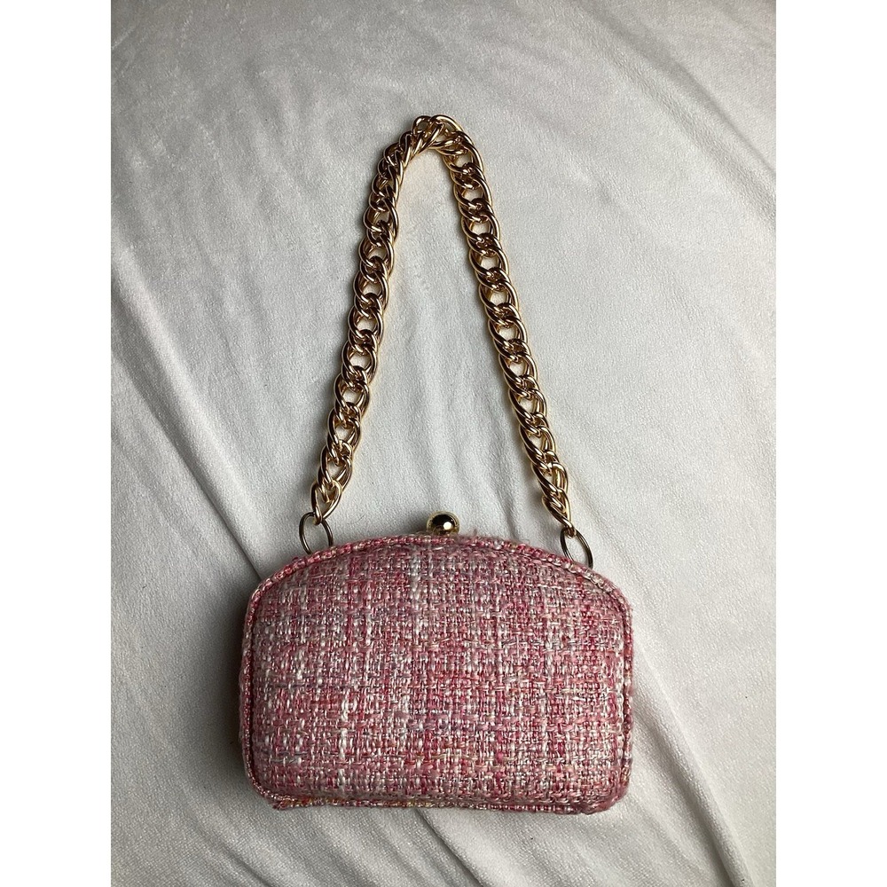 Gretchen Scott Pink Tweed Gold Chain Clutch Bag Gingham Lining Evening Handbag